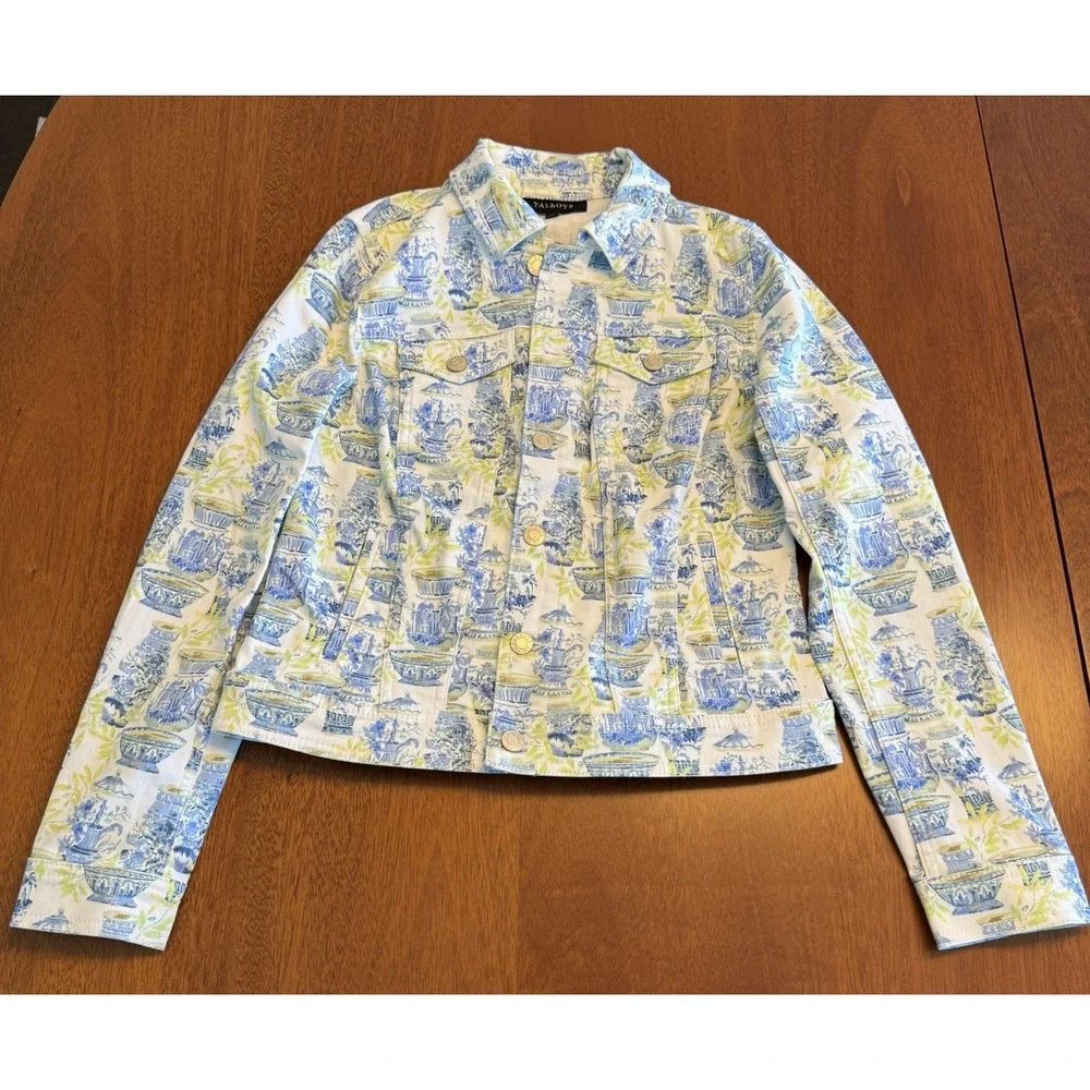 Talbots Printed Jean Jacket XS Blue Green Watercolor Vases Button Front Parisian